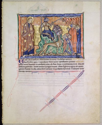 St. John the Evangelist Watching the Beast Bring Fire Down from the Heavens to Earth, from the Gulbenkian Apocalypse, c.1265-70 by English School